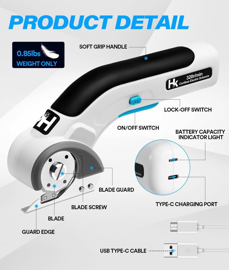 H & K Cordless Electric Scissors, 4V Electric Box Cutter, Carpet & Cardboard Cutter Tool with a Replacement Blade/Charger, Rotary Cutter for Cardboard Packages Leather Plastic - Image 5
